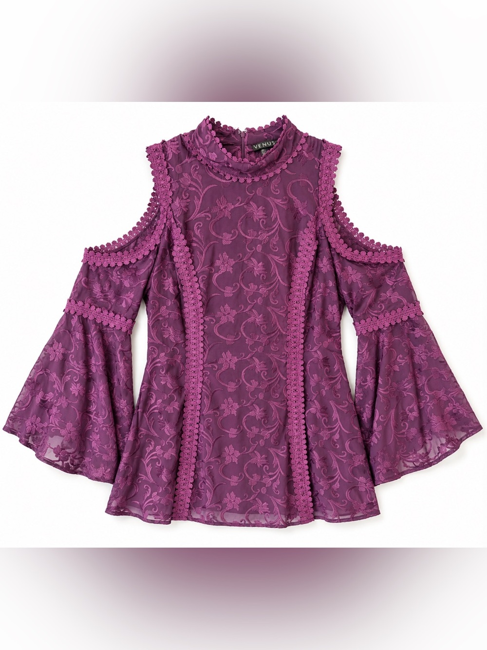 VENUS Plum Cold-Shoulder Lace-Trim Bell-Sleeve Blouse Boho Plus Size 16